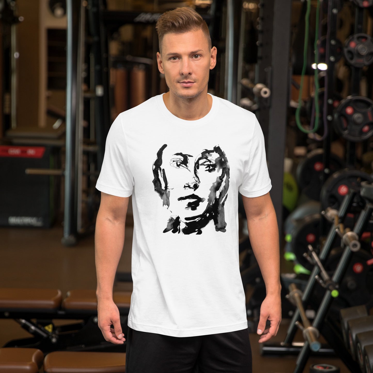 Minimalist black and white abstract face on t-shirt – calm and introspective mood – Ilaria Berenice design.