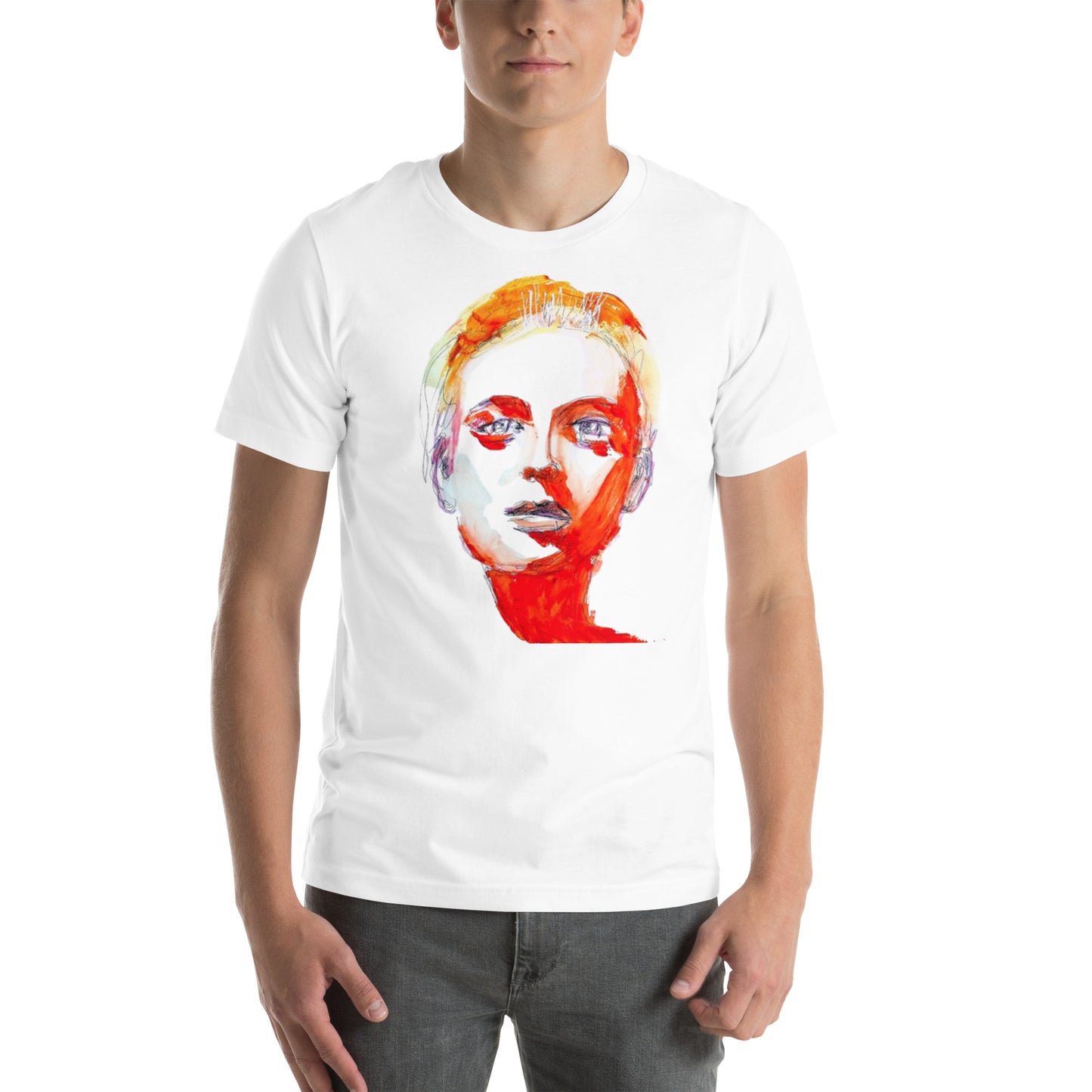 Man wearing a t-shirt with a red and blue abstract face – symbol of inner fire and grace – Ilaria Berenice.