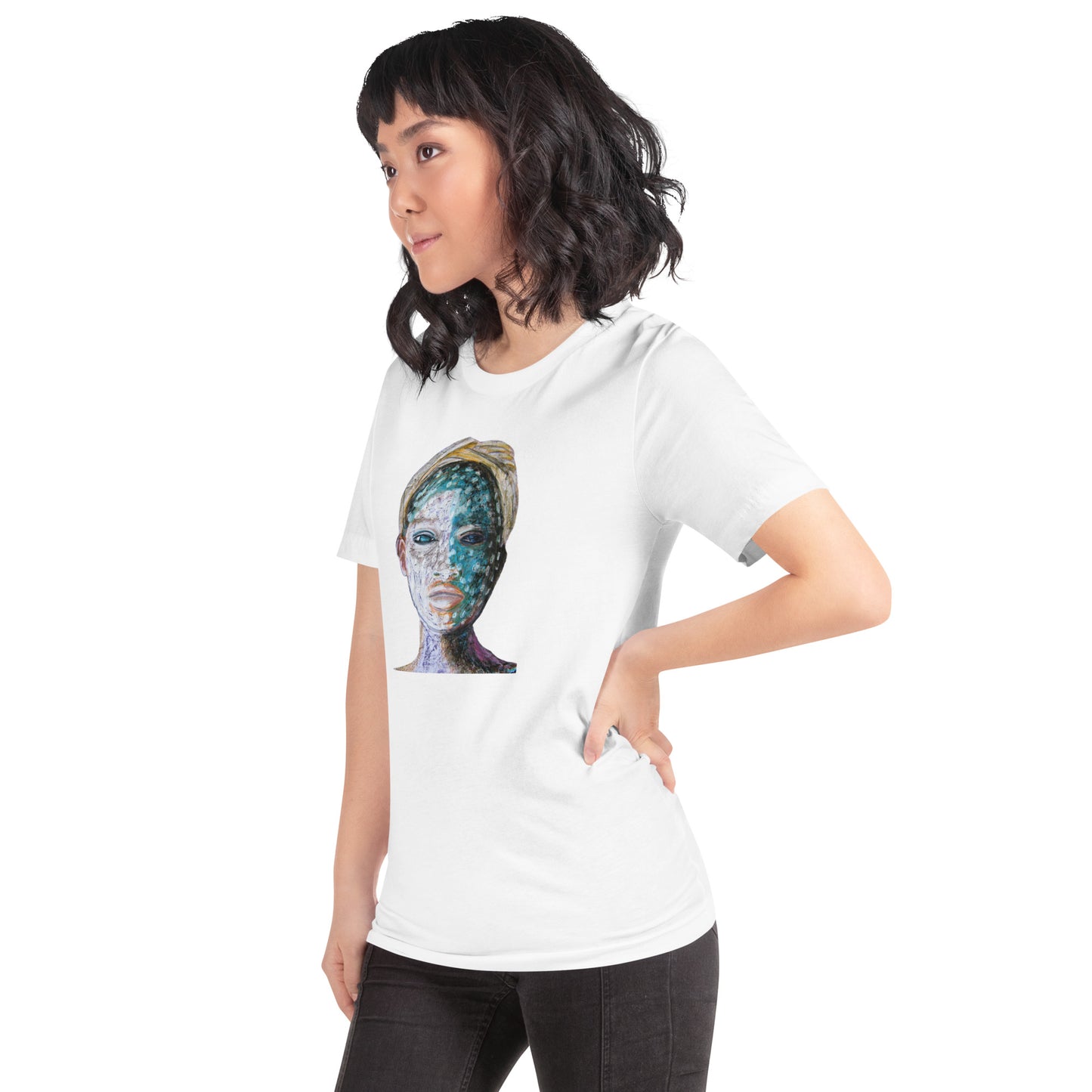 Woman wearing mirrored t-shirts with abstract faces in turquoise and white – Ilaria Berenice art.