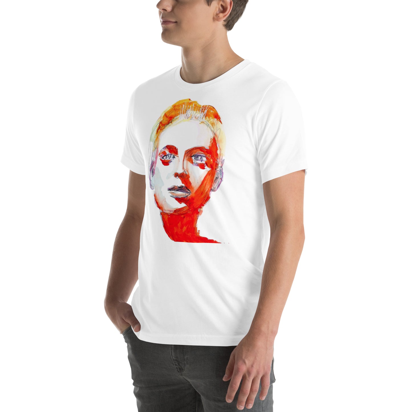 Man wearing a t-shirt with a red and blue abstract face – symbol of inner fire and grace – Ilaria Berenice.