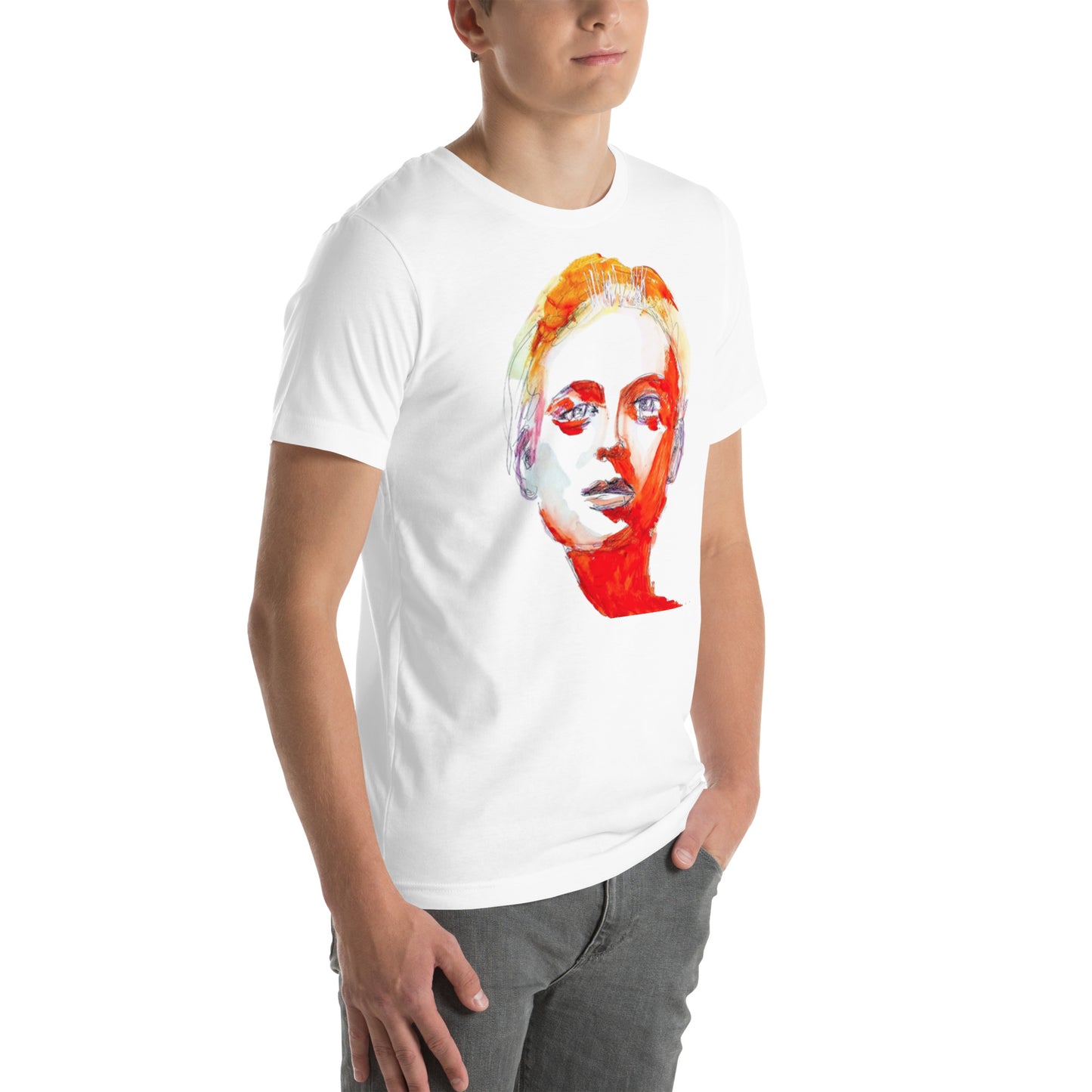 Man wearing a t-shirt with a red and blue abstract face – symbol of inner fire and grace – Ilaria Berenice.