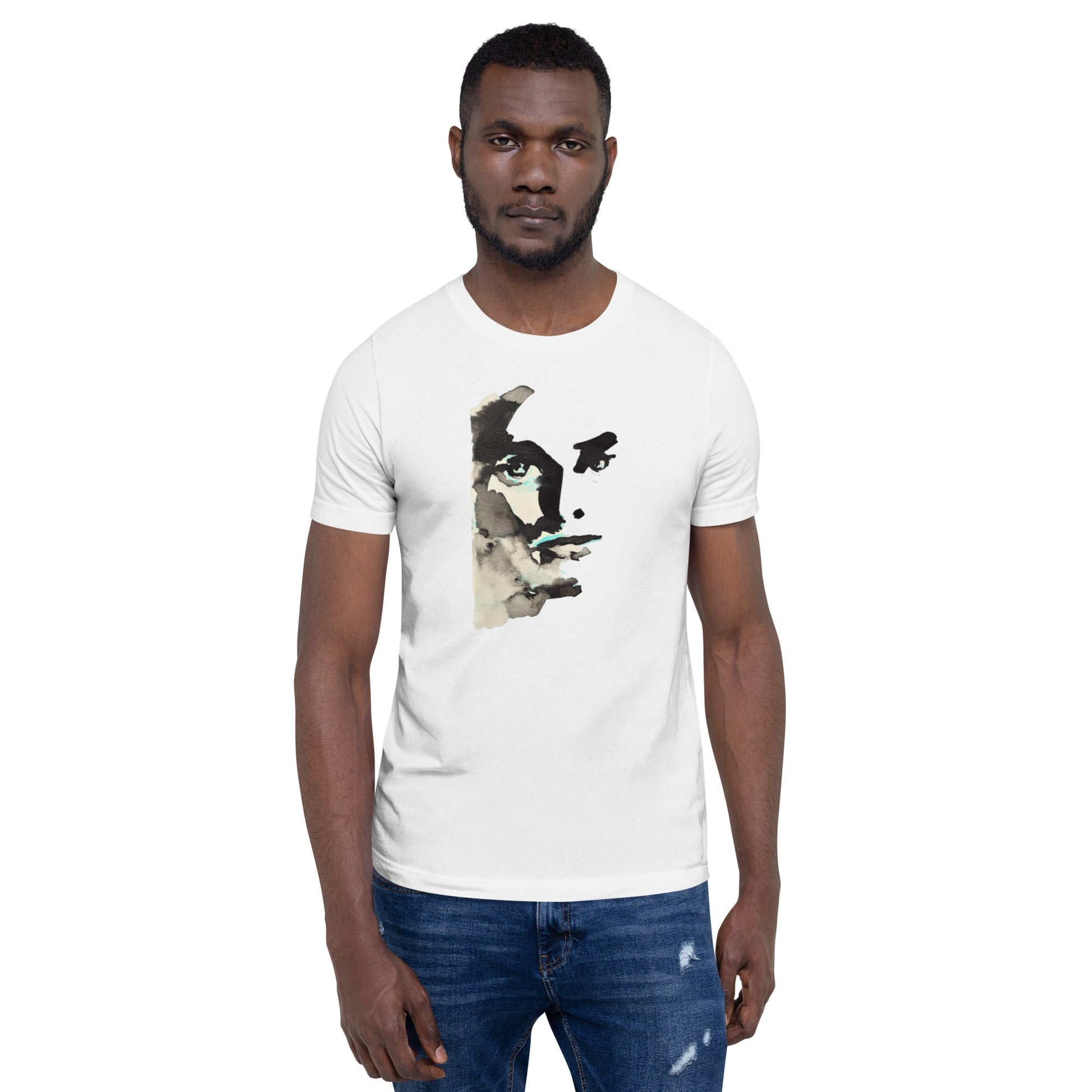 Abstract face with intense eyes in black and teal on a white t-shirt – Ilaria Berenice collection.