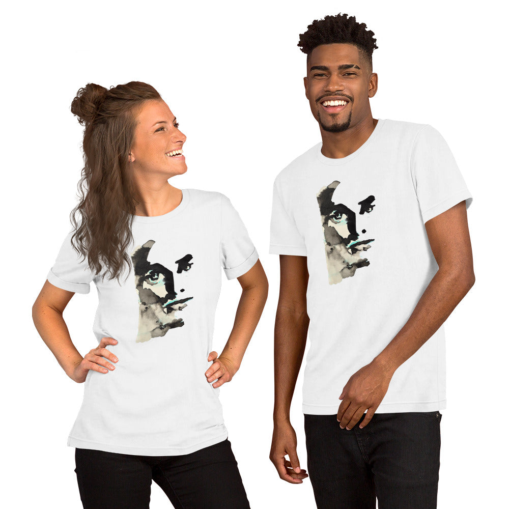 Abstract face with intense eyes in black and teal on a white t-shirt – Ilaria Berenice collection.