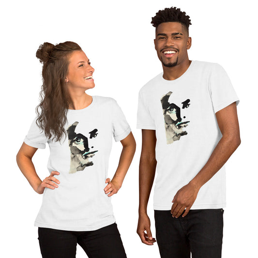Abstract face with intense eyes in black and teal on a white t-shirt – Ilaria Berenice collection.