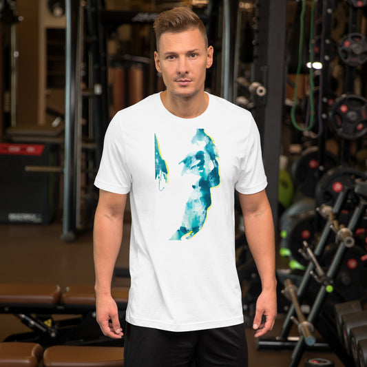 T-shirt featuring a face in aquatic tones – fluid lines and ocean-inspired colors – art by Ilaria Berenice.