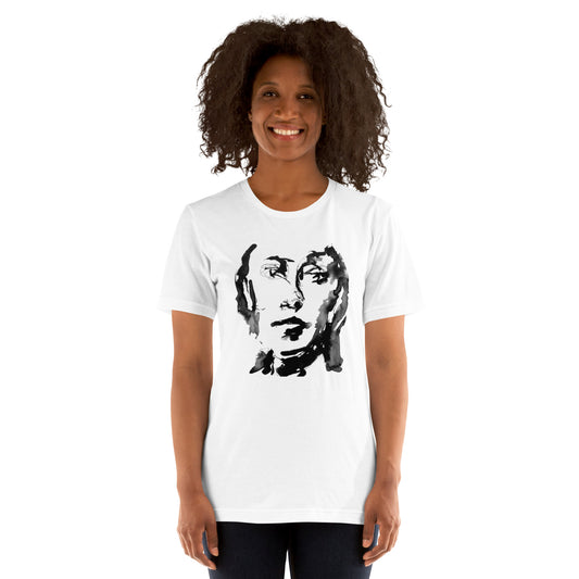 Minimalist black and white abstract face on t-shirt – calm and introspective mood – Ilaria Berenice design.