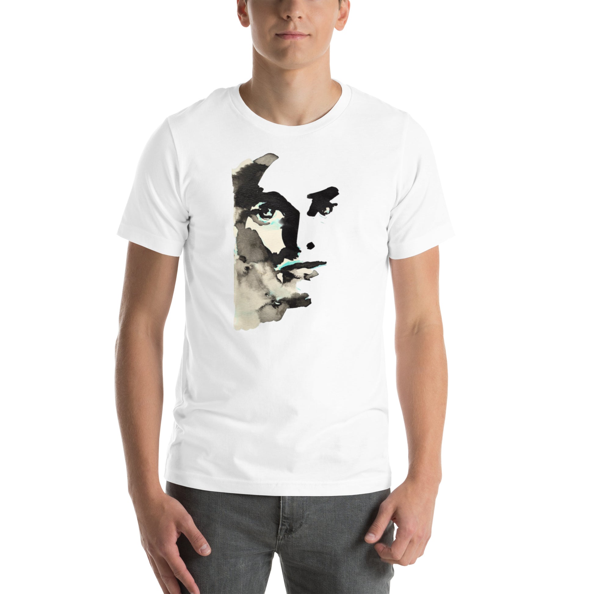 Abstract face with intense eyes in black and teal on a white t-shirt – Ilaria Berenice collection.