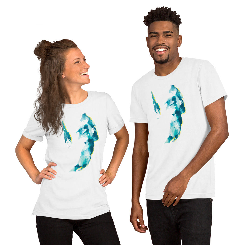 T-shirt featuring a face in aquatic tones – fluid lines and ocean-inspired colors – art by Ilaria Berenice.