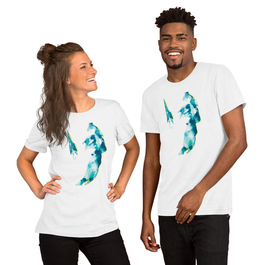 T-shirt featuring a face in aquatic tones – fluid lines and ocean-inspired colors – art by Ilaria Berenice.