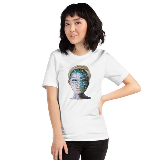 Woman wearing mirrored t-shirts with abstract faces in turquoise and white – Ilaria Berenice art.