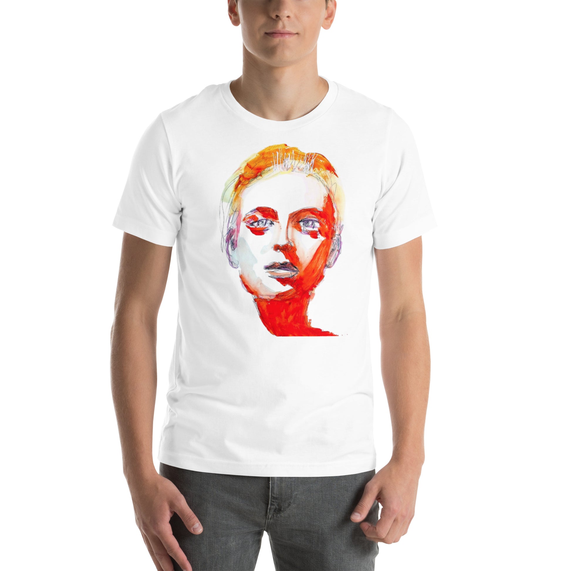 Man wearing a t-shirt with a red and blue abstract face – symbol of inner fire and grace – Ilaria Berenice.