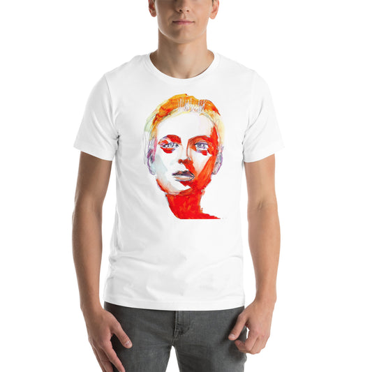 Man wearing a t-shirt with a red and blue abstract face – symbol of inner fire and grace – Ilaria Berenice.
