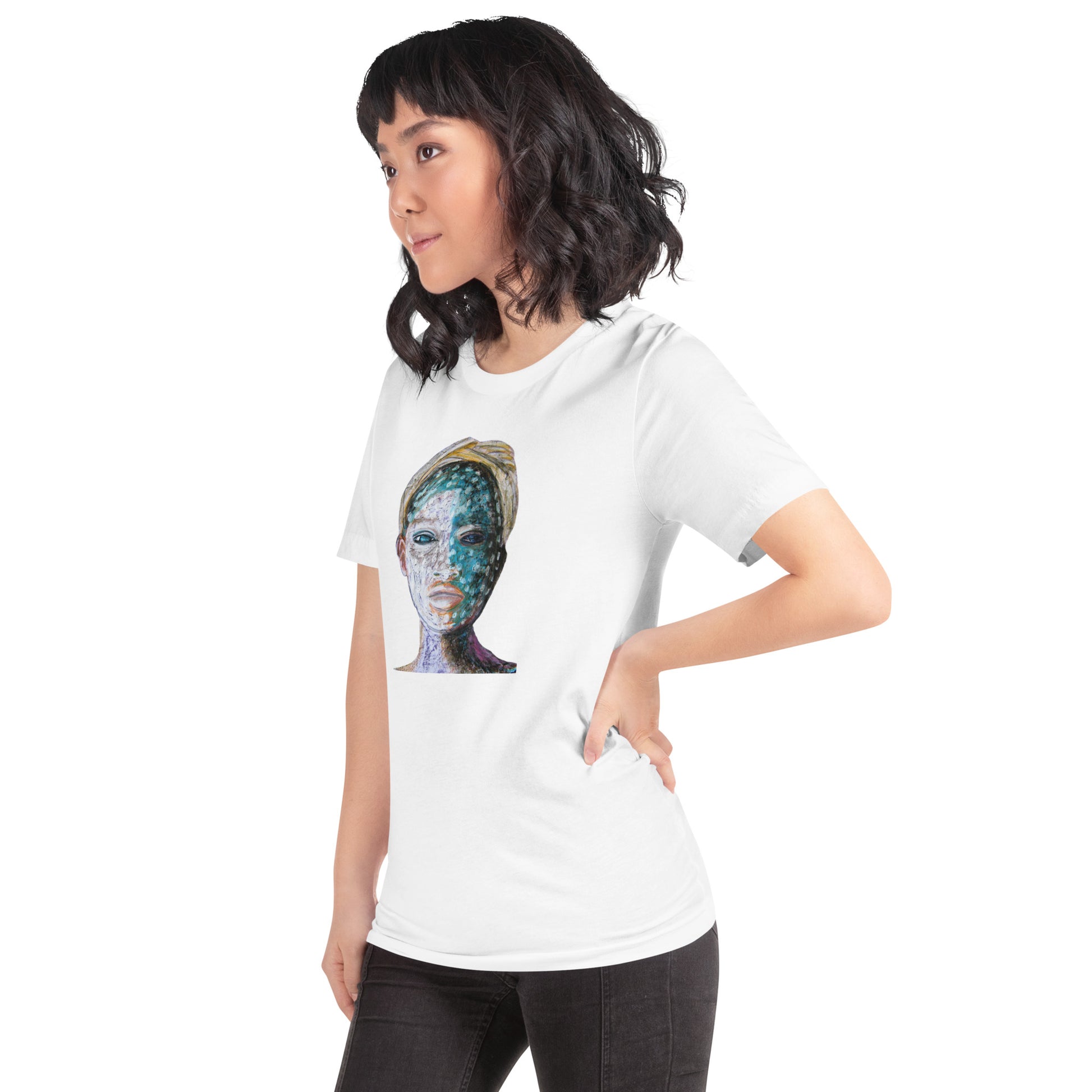 Woman wearing mirrored t-shirts with abstract faces in turquoise and white – Ilaria Berenice art.