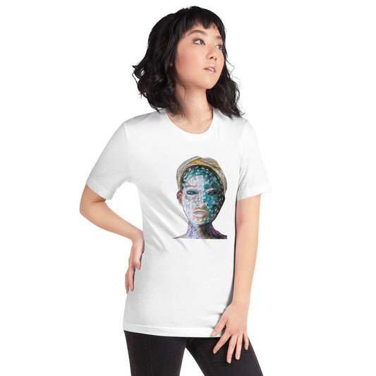 Woman wearing mirrored t-shirts with abstract faces in turquoise and white – Ilaria Berenice art.
